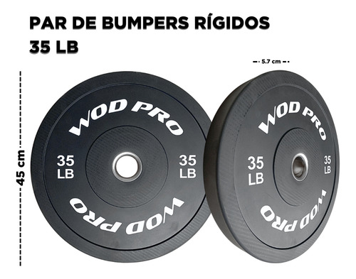 Par De Discos Bumpers Plate Rígidos Color Negro Wod Pro 35 Libras Caucho Acero Barras Olímpicas