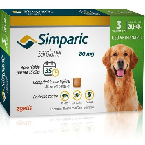 Antipulgas Simparic 80mg 20 A 40kg 3 Comp.