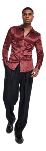 Camisas Slim Fit Modelo Satinado Moda Hombre Vino Algodón Satinado M