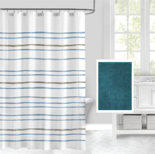 Set Combo Cortina Baño Estampada + Alfombra Shaggy + Ganchos Azul