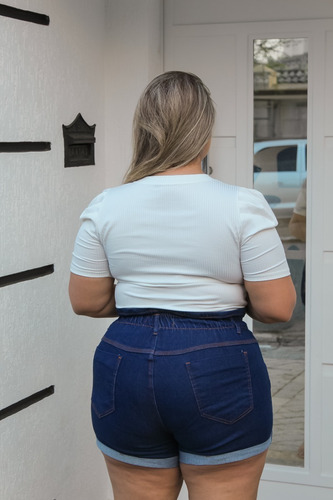Imagem 2 de 5 de Short Plus Size Jeans Feminino Cintura Alta Lycra E Elastico