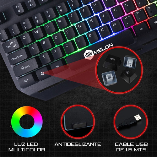 Imagen 5 de 10 de Combo Kit Gamer Melon Gm200 Teclado Rgb Mouse 3200 Dpi