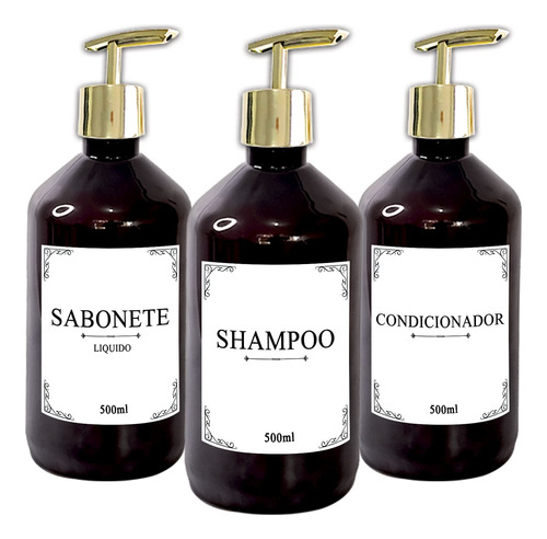 Kit 3 Frascos Pet Ambar 500ml Shampoo Condicionador Sabonete