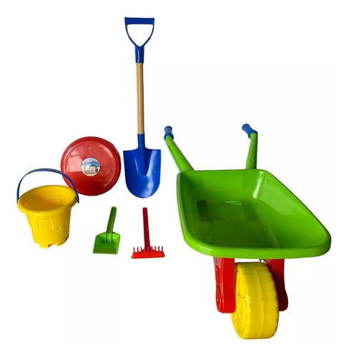 Set Carretilla Infantil Con Accesorios Palas+tarro+rastrillo