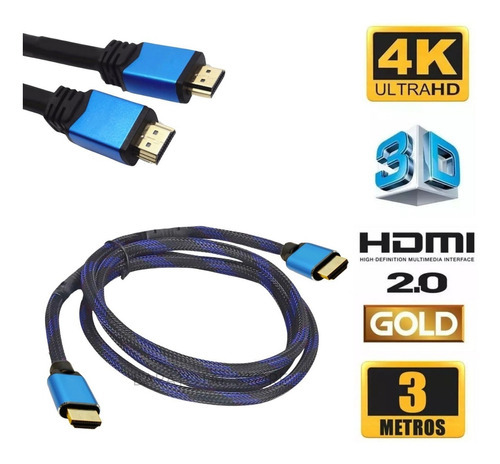 Cabo Hdmi 4k Full Hd 3 Metros Reforçado Qualidade Resistente Cor Preto