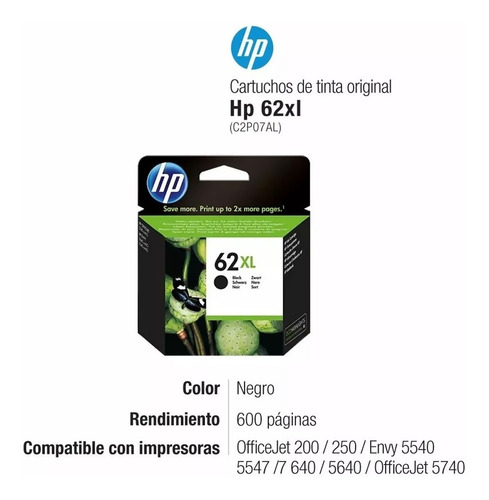 Cartucho Hp 62xl Negro Original C2p05al Hp 7640 5540 200 250