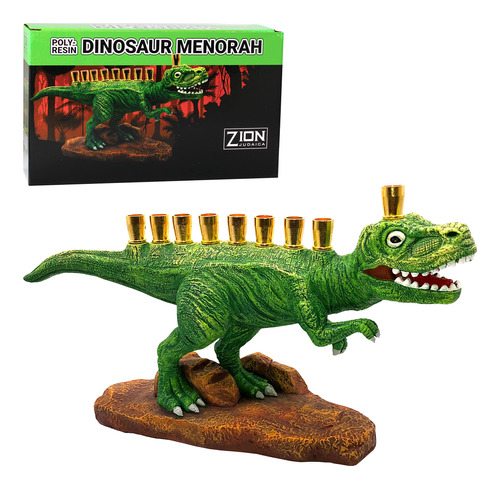 Zion Judaica - Menorah De Dinosaurio Verde Con Tazas De Latn