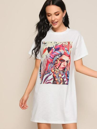 Polera Tipo Vestido Blanco Ilustración Colores Shein