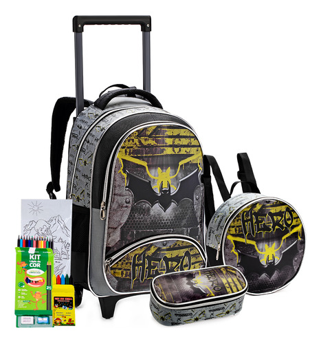 Kit Mochila Carrinho Infantil Menino Bat Morcego