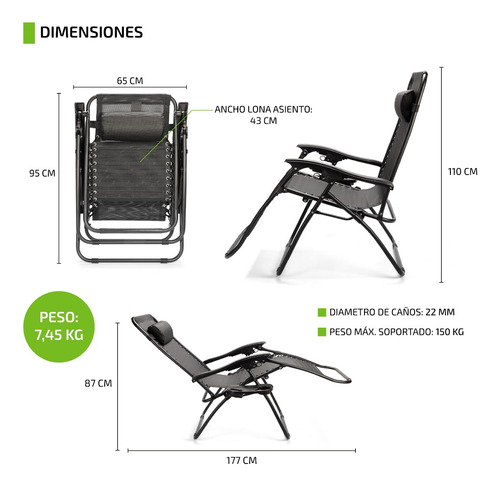 Imagen 4 de 10 de Reposera Gravedad Cero Silla Playera Reforzada Plegable