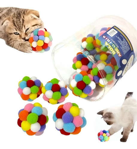 Pote C/ 12 Bolinhas Pompom Coloridas Pelucia Gato Interativo Cor Pote Arco-íris