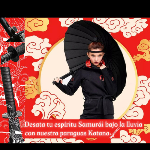Sombrilla Katana Samurai Elegante Accesorio Sol Y Lluvia Color Negro Diseño de la tela Liso