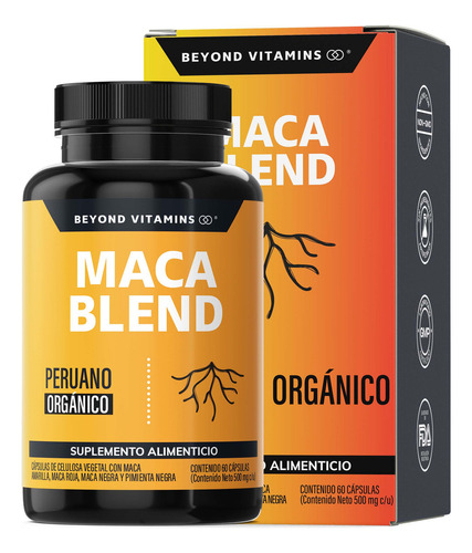 Maca Blend | Maca Peruana Orgánica + Pimienta Negra | Maca Negra | Sin Azúcar - Suplemento Alimenticio Vegano Beyond Vitamins Testo - 60 Cápsulas