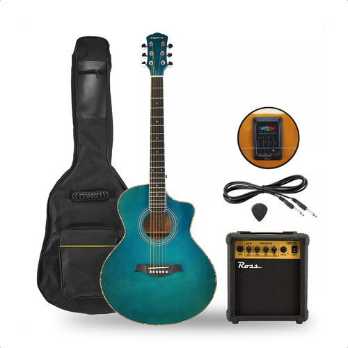 Guitarra Electroacustica Corte + Ampli + Funda + Cable Combo Color Azul Pry Orientación De La Mano Derecha