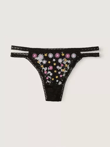 Calcinha Victorias Secret Pink Lace Strappy Thong Fwr Black