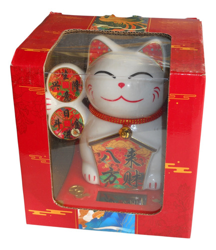 Gato De La Suerte Solar Maneki Neko Cerámica Grande Blanco