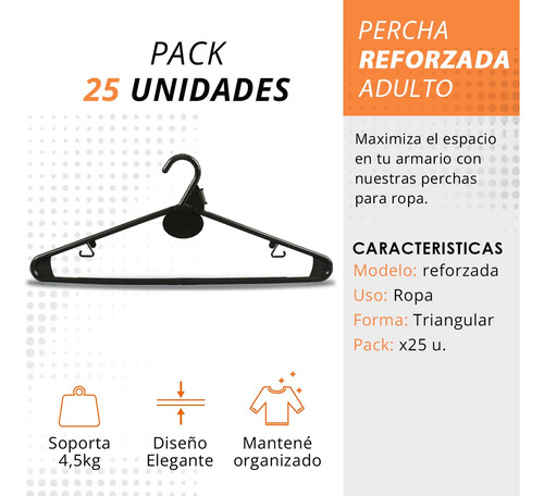 Imagen 5 de 10 de Perchas Plasticas Reforzadas Negra Adulto Hogar Pack X 25