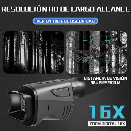 Monocular Visión Nocturna 16x Zoom Infrarrojo 300m, 1080p Hd Video/grabación, Caza Camping Vigilancia, Portátil 165g, Batería Recargable