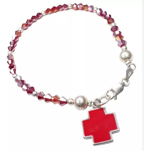 Pulsera Plata 925 Dije Cruz Cristal Bicono Rojo Pp445 Reina 