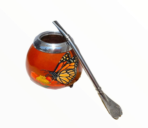 Imagen 1 de 2 de Mate Tradicional De Calabaza Pintado A Mano Con Bombilla