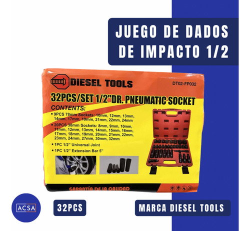 Juego De Dados De Impacto 1/2, 32 Pcs. Marca Diesel Tools