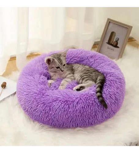 Cama Antiestres Felpa Peluda Mascotasgato Perro 40cm Beige Lila Nido