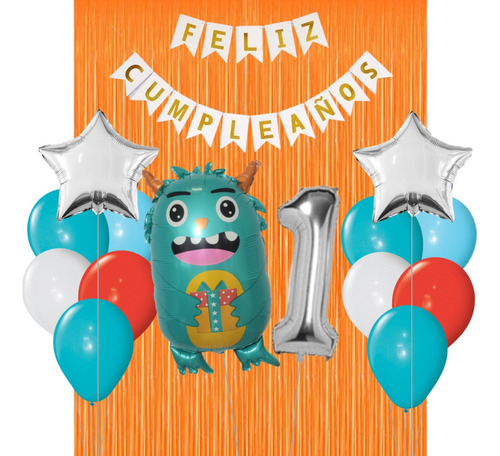 Combo Cumpleaños Globos Tematica Monstruo Celeste Infantil