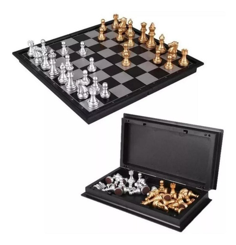 Imagem 1 de 6 de Jogo De Xadrez Magnético Dobrável 32cm - Prata E Dourado