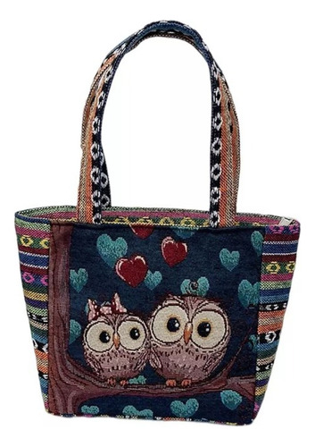 * Sacola De Lona Feminina Com Bolsos Com Duas Corujas