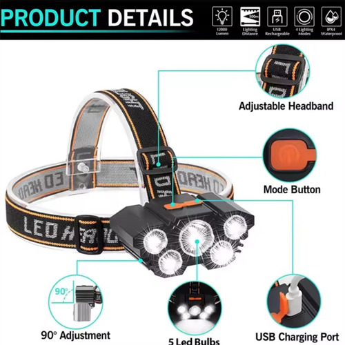 Linterna Frontal Recargable Por Usb De 5 Led Con 3 Modos De