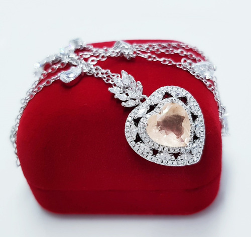 Imagem 3 de 6 de Colar Feminino Zirconia Coração Rosa Banhado A Ouro