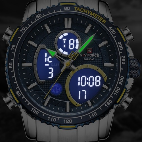 Reloj Naviforce Nf9182 plateado de acero militar de lujo para hombre, color de fondo plateado/azul