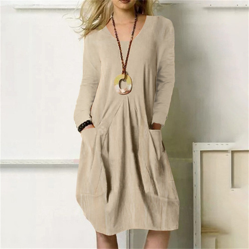 Vestido De Bolsillo Informal Suelto De Lino Y Algodón