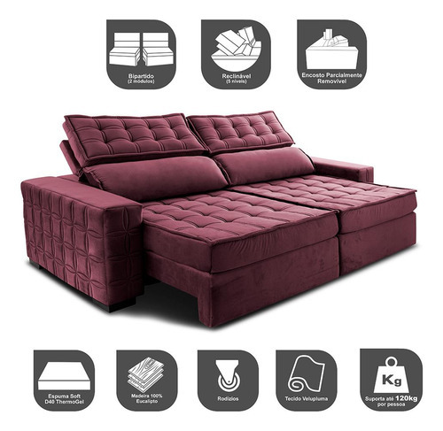 Sofá Retrátil 2,15m Cama Inbox Big Star. Com Softgel d40 Cor Vinho