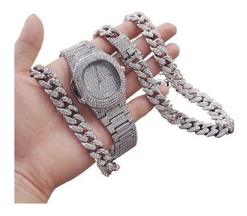 Juego De Reloj De Diamantes+collar De Pulsera Brillante Hip