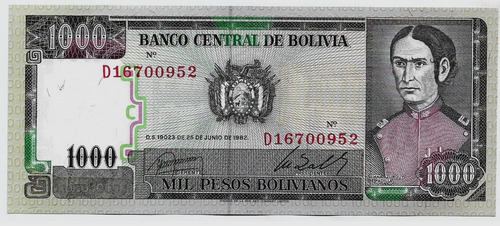 Fk Billete Bolivia 1000 Pesos Bolivianos 1982 P-167a1  U N C