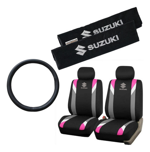 Funda Tela Gris Rosa Y Cubre Cinto Suzuki + Cubre Volante