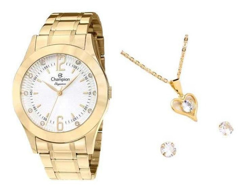 Kit Relógio Champion Feminino Dourado Cn20800w + Semijoia Cor do fundo Branco