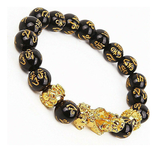 Pulsera Original Feng Shui Piedras Obsidiana Pixiu Oro