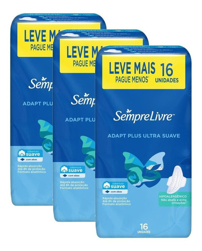 Kit Com 3 Absorvente Sempre Livre Adapt Plus Suave Com Abas