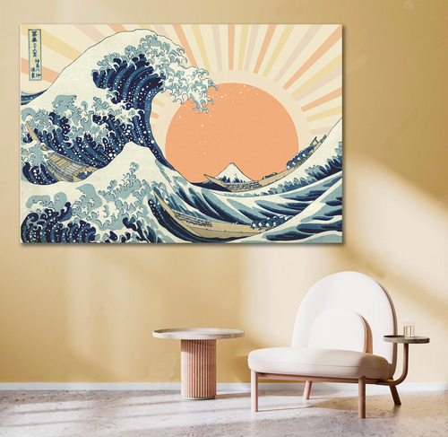 Cuadro Decorativo 60x90 La Gran Ola De Kanagawa Sol Japon