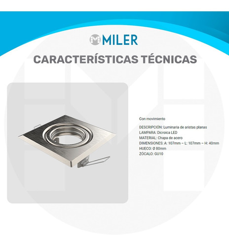 Imagen 3 de 10 de Spot De Embutir Cuadrado Metal Acero 10cm + Dicroica Led