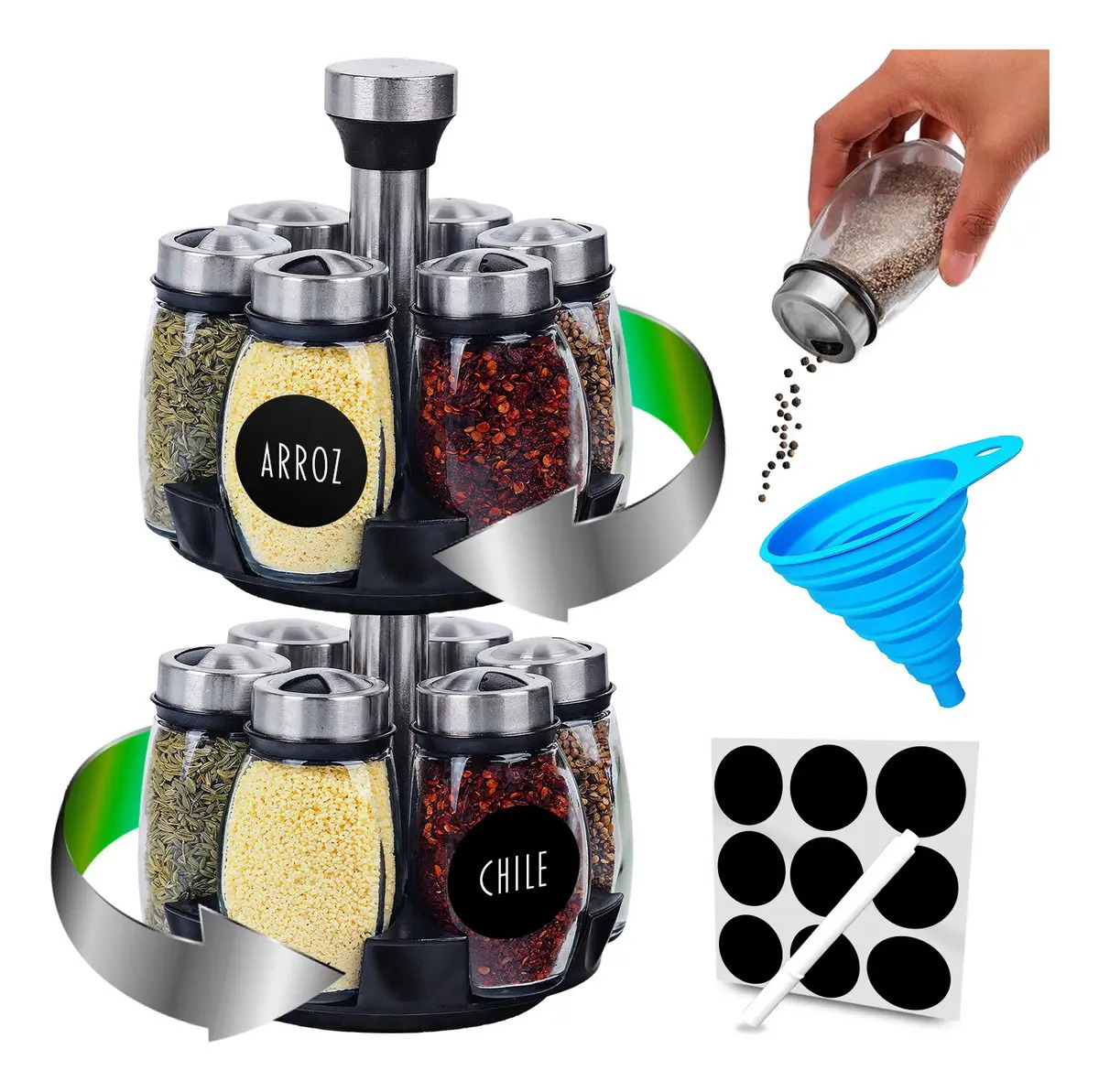 Especiero Giratorio 12 Frascos Vidrio Organizador De Cocina Negro/plateado