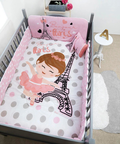 Set De Edredon Cama Cuna Corral Bebe Baby Paris Chiquimundo Color Rosa Diseño De La Tela Estampado