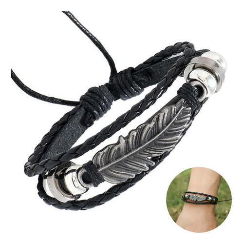 Pulsera Hombre Cuero Genuino Dije Acero Pluma Brazalete