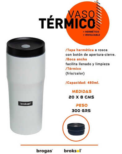 Imagen 2 de 9 de Vaso Termico Acero Inoxidable Broksol 480cc - Blanco - Fdn