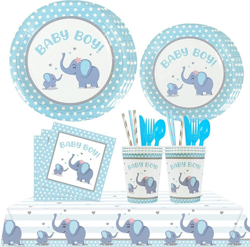 Vajilla Carton Baby Shower Niño 201pz Servicio25 Azul Elefan