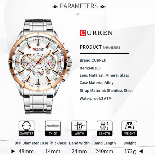 Curren Quartz 8363 Correa De Reloj Blanca De Acero