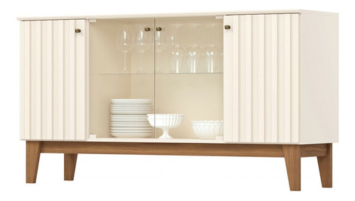 Balcão Buffet Eiffel 4 Portas 3 Prateleiras Com Vidro Off White Nature Henn