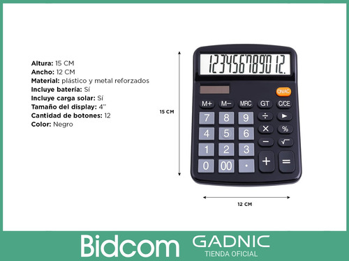 Imagen 6 de 9 de Calculadora Gadnic 12 Digitos Bateria Larga Duración